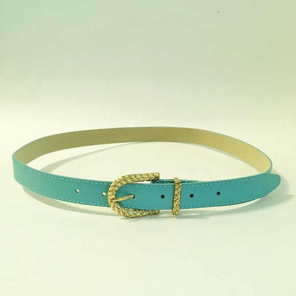 Turquoise Blue Thin Belt Gold Rope Metal Buckle Faux Leather Stitched Womens - Picture 2 of 7